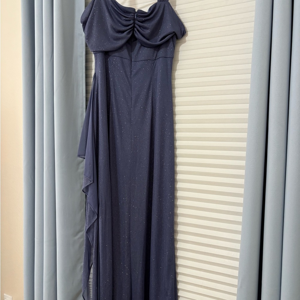 Alex Evenings Blue Ruched Maxi Gown Cold Shoulder - Picture 5 of 9